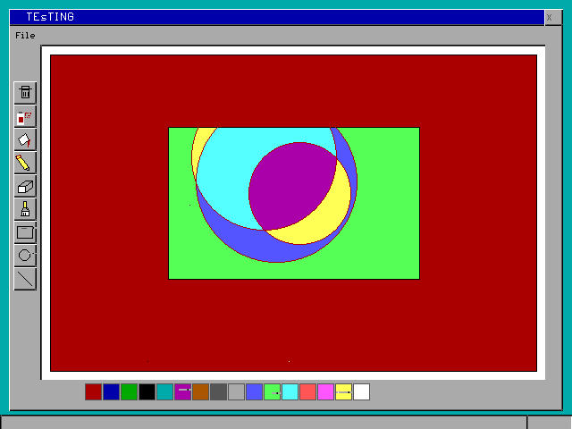 The paint program in 2014: a window titled TEsTING, a toolbar, a palette, and a drawing of overlapping filled circles.